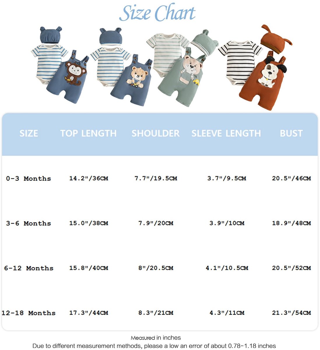 SnelShoppen - LUVCES Babykleding Jongens - Lange Mouwen Gestreepte Romper + Schattige Bretels + Cartoon-Dieren Overall + Muts - 3 Stuks - Herfstoutfit