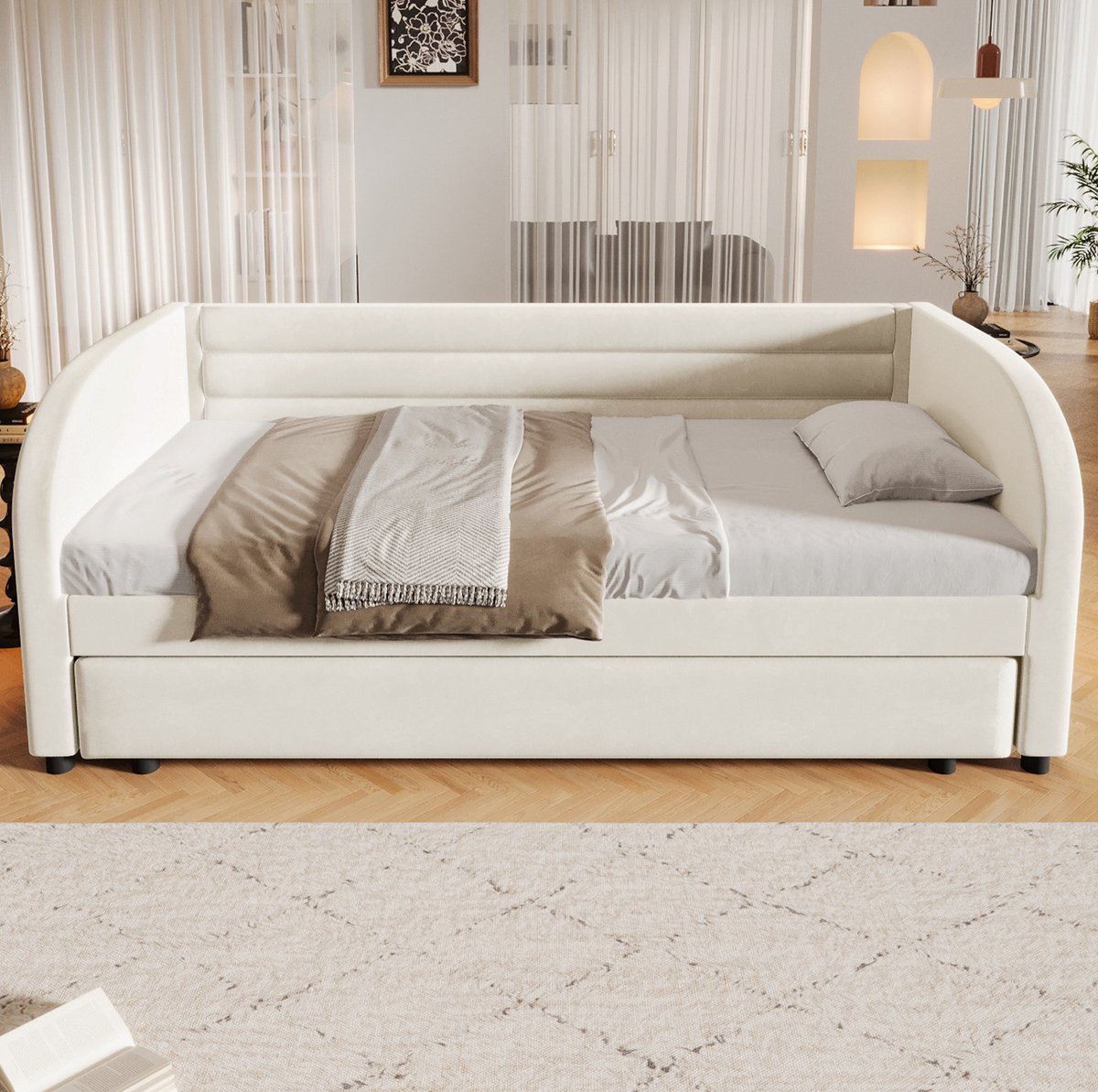 OKWISH Gestoffeerd Bed 90x200 cm – Met Uitschuifbed En Ledverlichting – Platformbed Met Lattenbodem – Zonder Matras – Stof En MDF – Beige