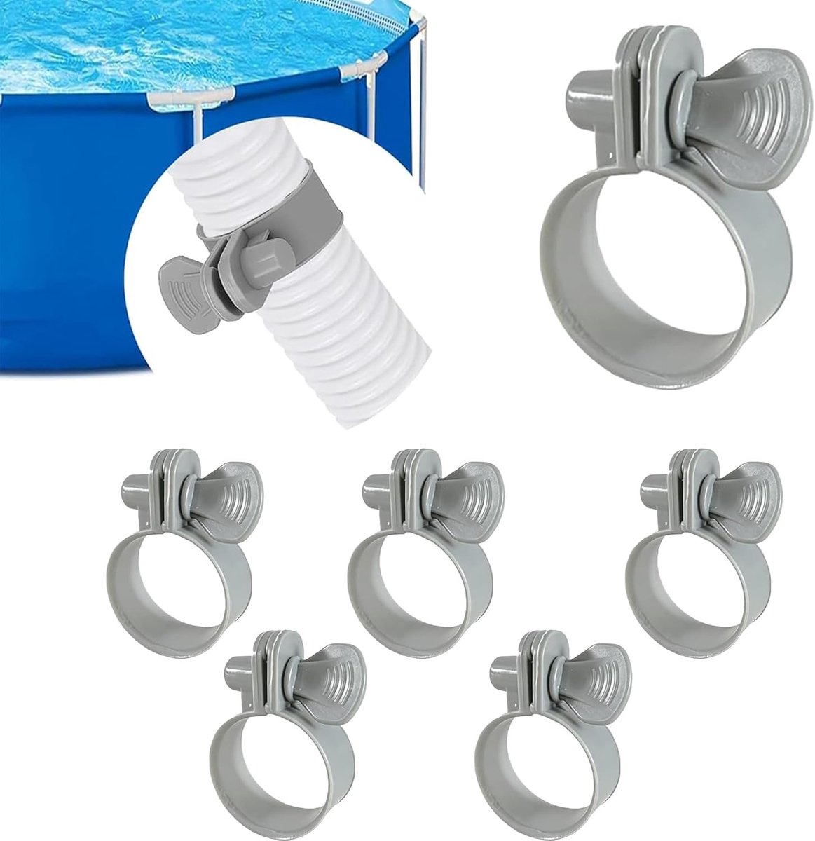 Set van 6 verstelbare zwembadslangklemmen, kunststof slangklemmen voor lekvrije afdichting, buisklem en zwembadslangbevestiging, ideaal voor zwembadonderhoud en reparaties