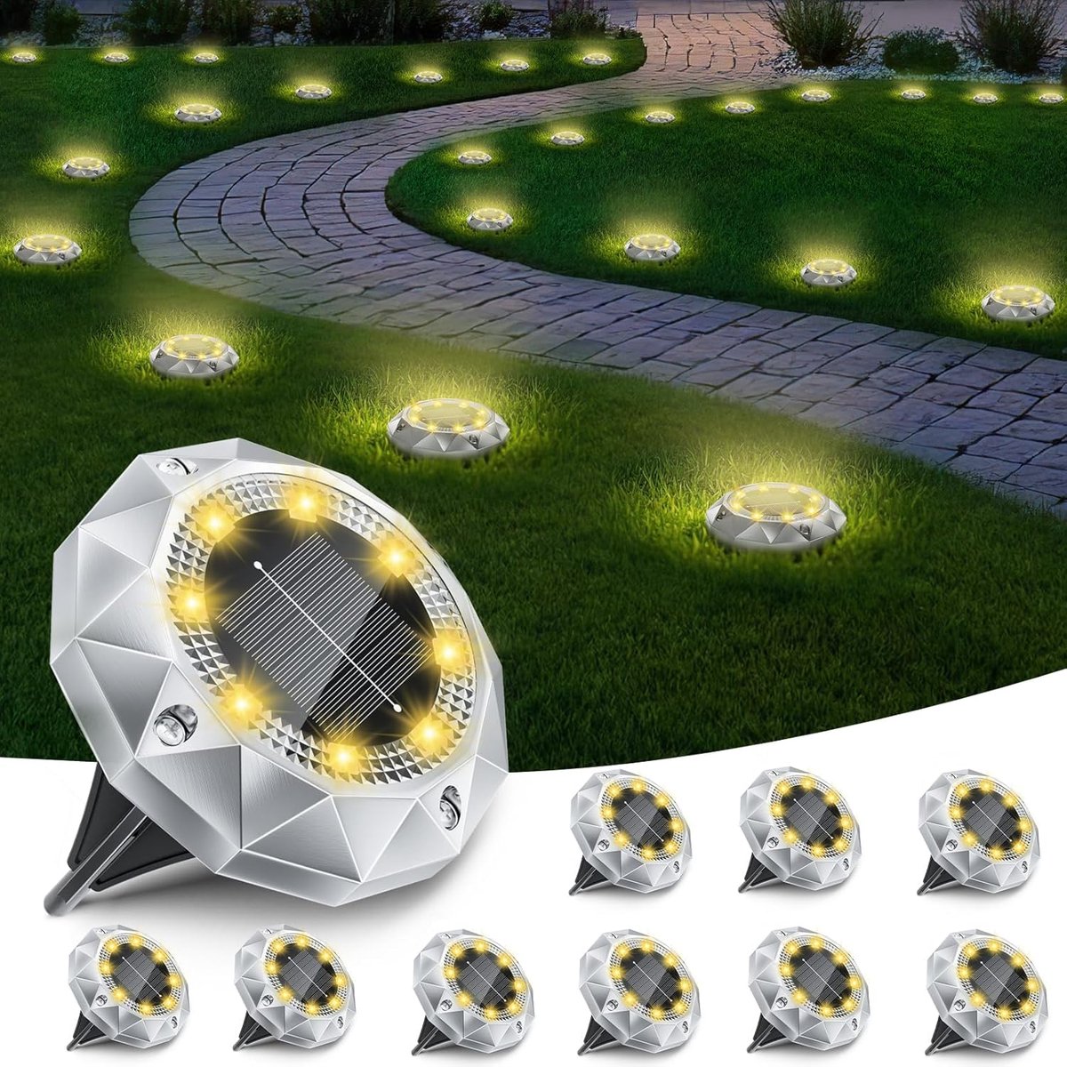 SnelShoppen - 10x Solar Tuinverlichting 8 LED Buitenlampen Waterproof RVS Tuin LED Lichten Warm Wit Oplaadbaar voor Tuin, Patio en Oprit