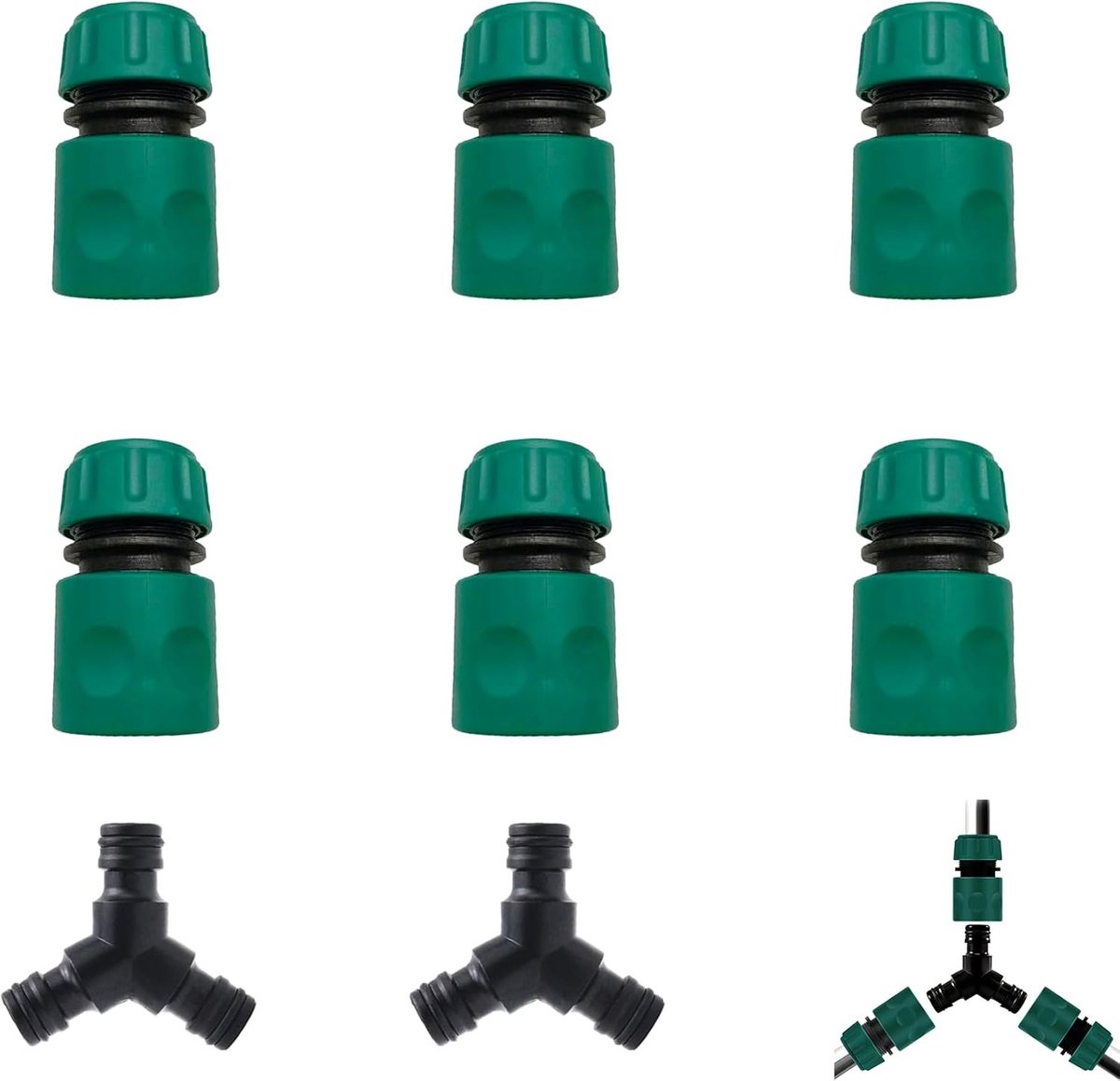 8-delige koppeling set voor tuinslang met universele Y-stuk en snelverbinder voor 1/2 inch slangen, ideaal voor tuinonderhoud en irrigatie