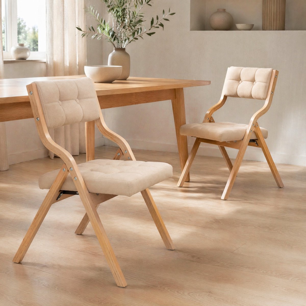 MEUNIQ inklapstoel met kussen, houten klapstoel in kaki, opvouwbare eetkamerstoel voor binnen en buiten, 2 stuks, voorgemonteerd