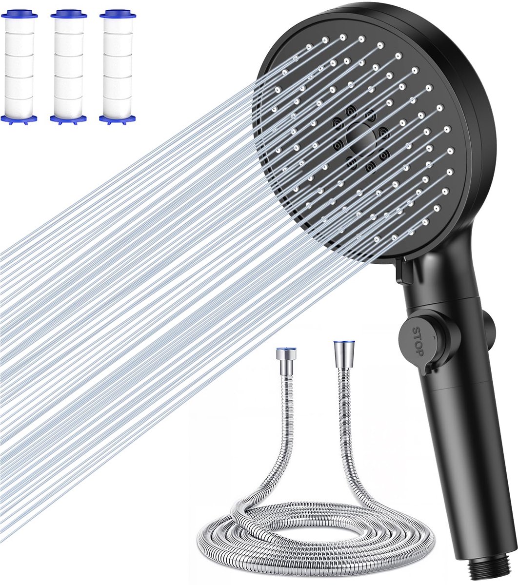 SnelShoppen - Douchekop Antikalk met Filter, Waterbesparende Handdouche met 5 Straalsoorten, 1.5 m Hogedrukslang, Stopknop, Zwart voor Wassen en Schoo