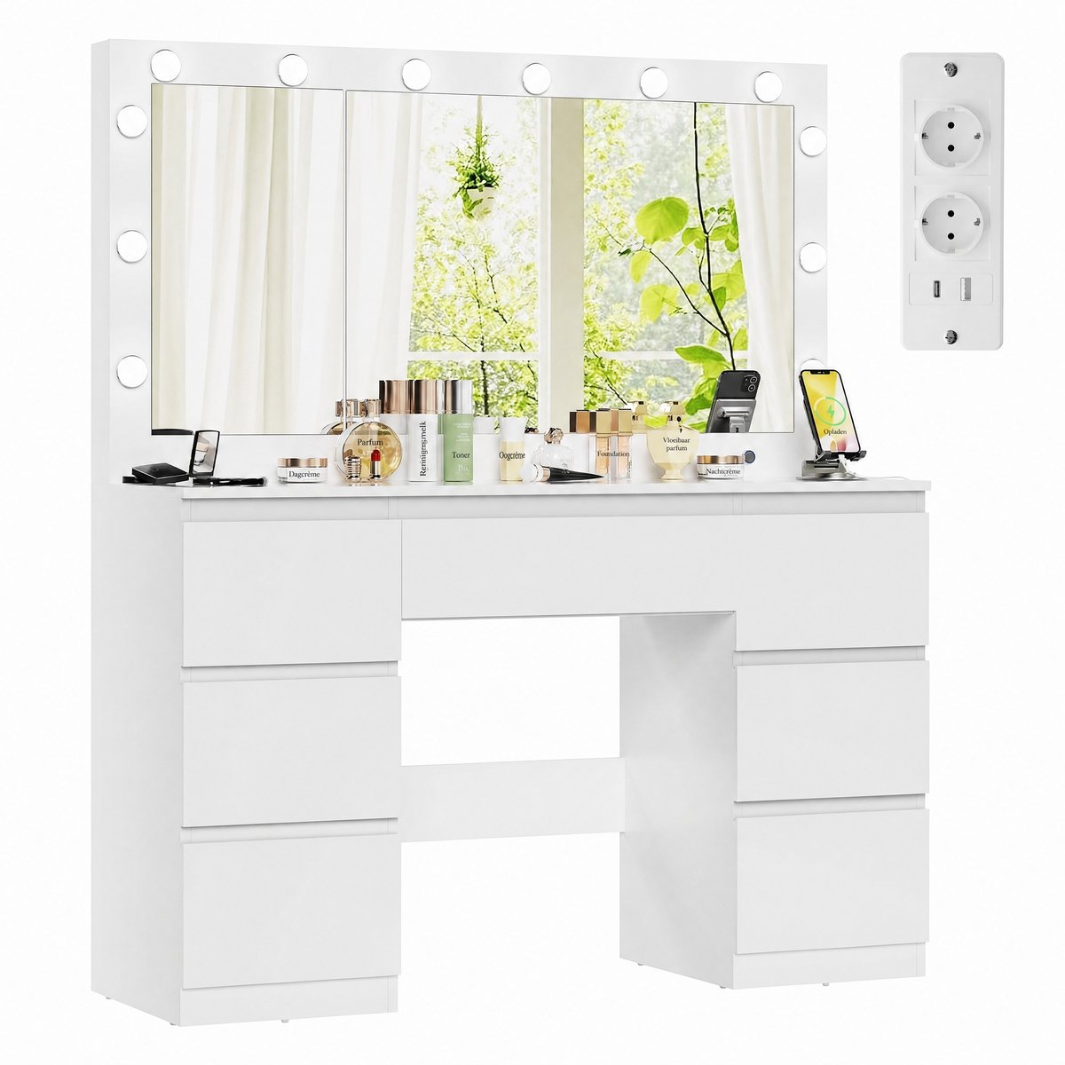 Devoko Kaptafel 120x40x140 cm - Grote Spiegel met 12 LED-lampen, Verborgen Sieradenopbergruimte, 7 Lades en Stopcontacten - Wit