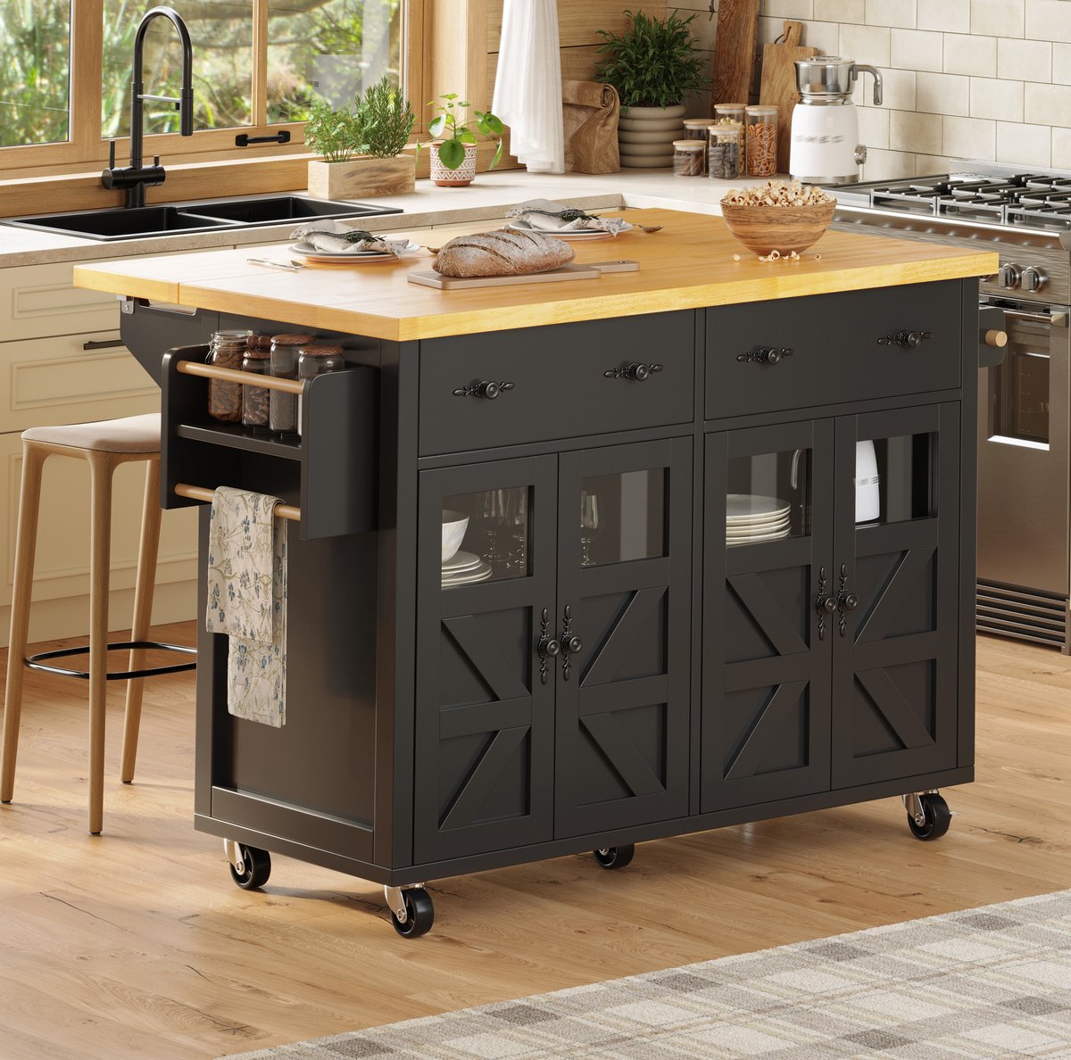 DESMIU Keukenkast - Mobiel Keukeneiland Met Uitschuifbaar Blad En Opbergruimte - Voor Keuken En Woonkamer - MDF - 140x73x93,5 Cm - Zwart