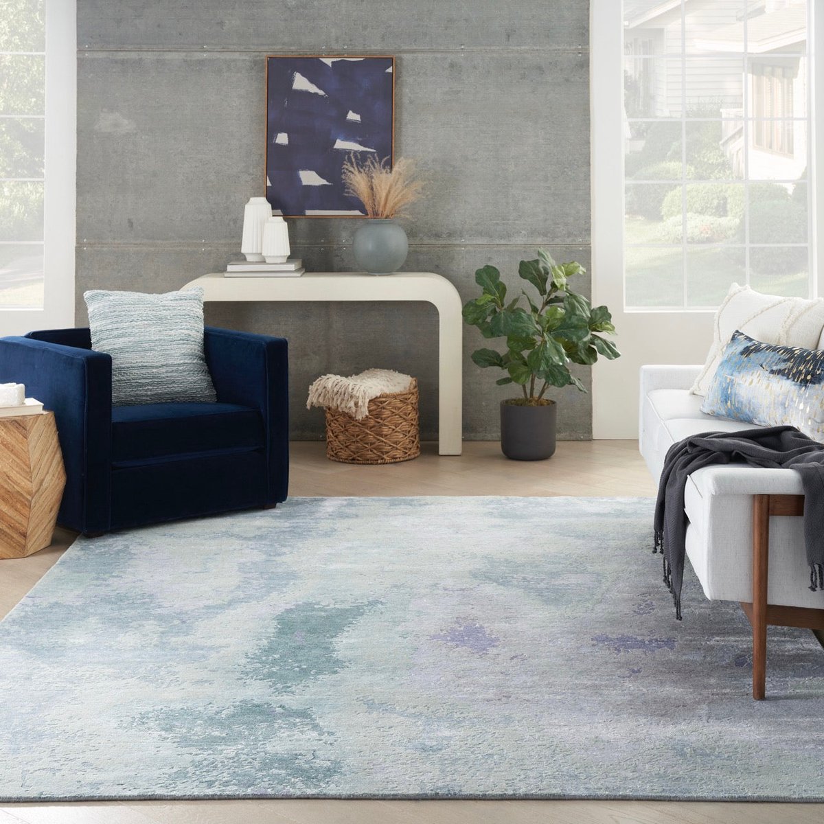 Nourison Silk Shadows SHA22 Blue Green Vloerkleed - 259 x 351 cm - Blauw - Rechthoekig - Bamboezijde, Wol - Woonkamer, Eetkamer, Slaapkamer - Abstract - Modern, Design