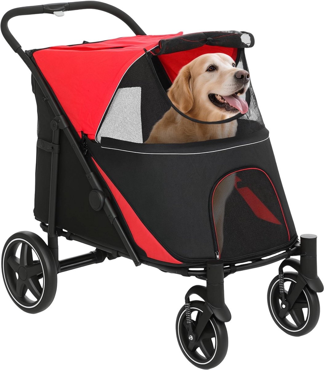 Hondenbuggy – Opvouwbare Wandelwagen met Kussen voor Hond & Kat – Rood