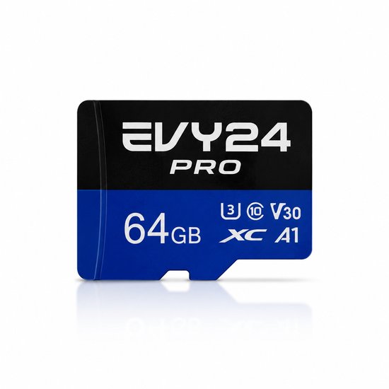 EVY24 PRO Micro SD-kaart met 64GB opslag, blauw en zwart met V30 en A1 indicatie.