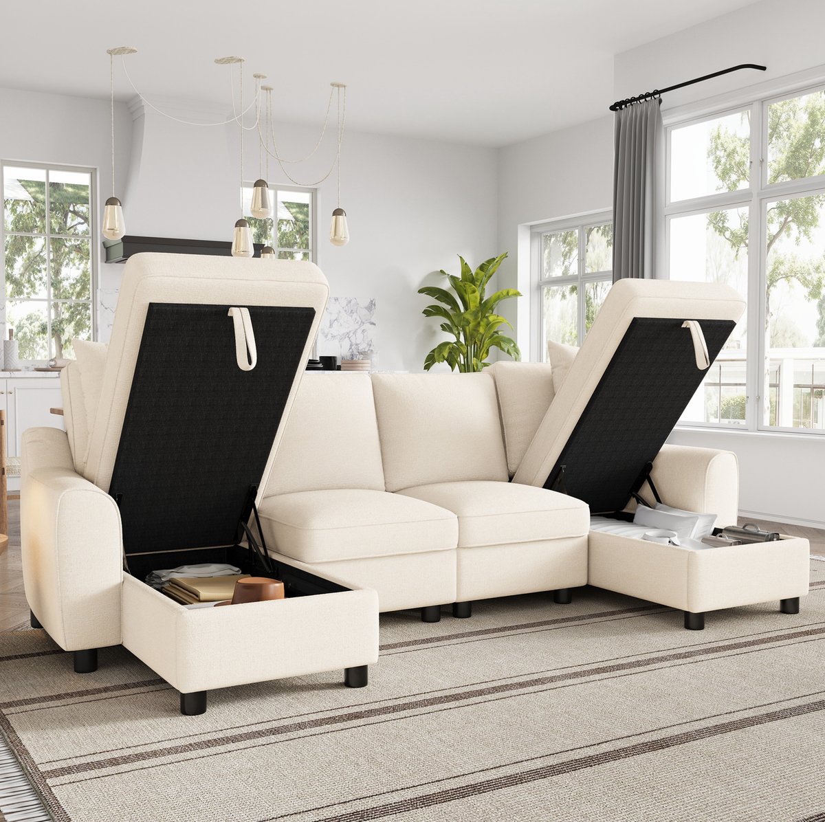 REDOM - U-bank - Chenille bekleding - 2 chaise longues met opklapbare opbergruimte - 2 kussens - woonkamer - Beige - 280 x 137 x 84 cm