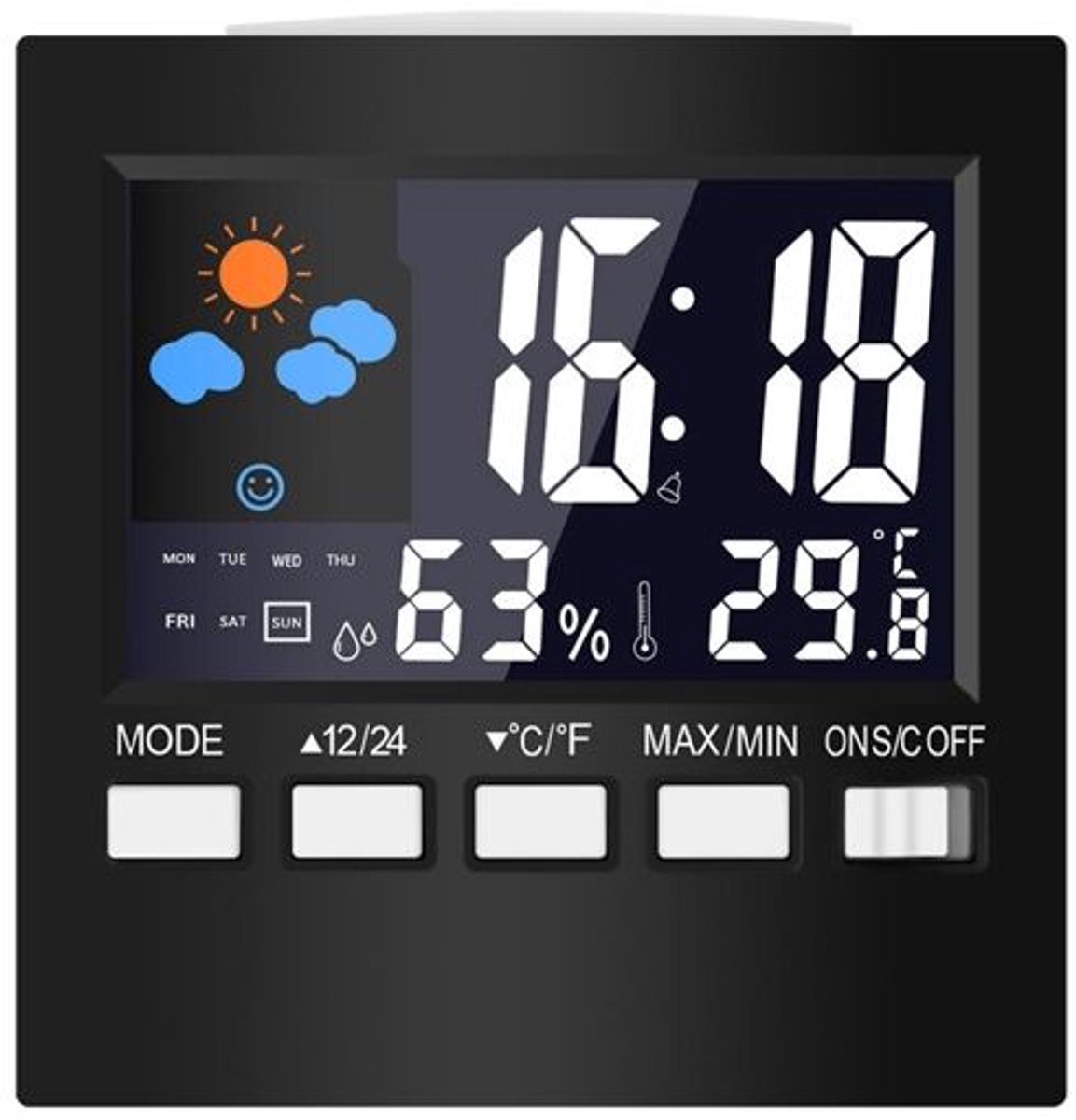 LCD-digitale thermometer, weerstation, klok en wekker, kalender, hygrometer, weergave van binnentemperatuur en luchtvochtigheid.