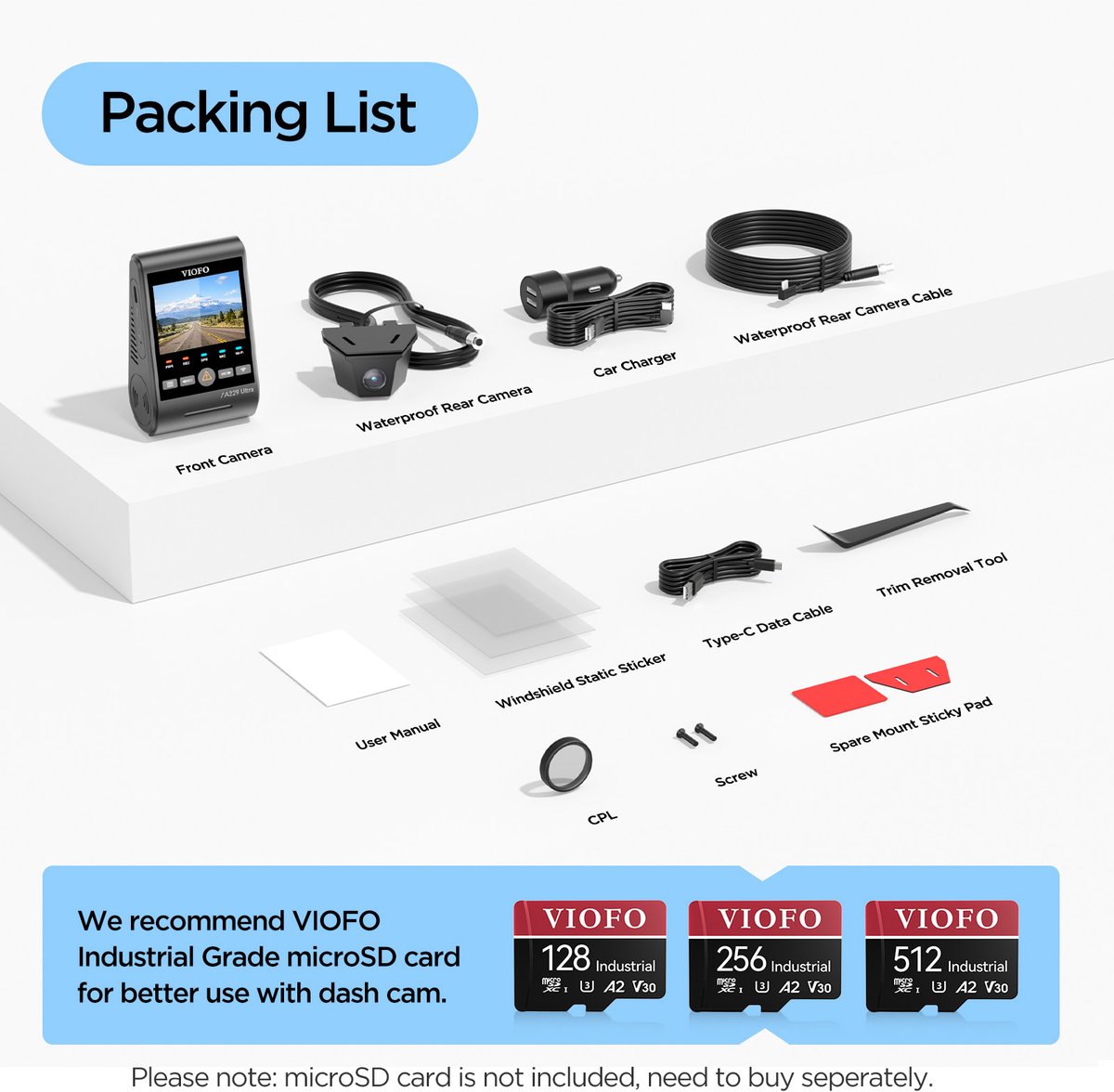 VIOFO A229 Ultra-W 2CH - Dashcam - Dual 4K voor & achter - Sony STARVIS 2 - Waterdichte achtercamera IP67 - GPS & Dual-Band Wifi - HDR Nachtzicht - Parkeermodus met Buffer - Voice Control - USB-C - Tot 512GB microSD thumbnail 4