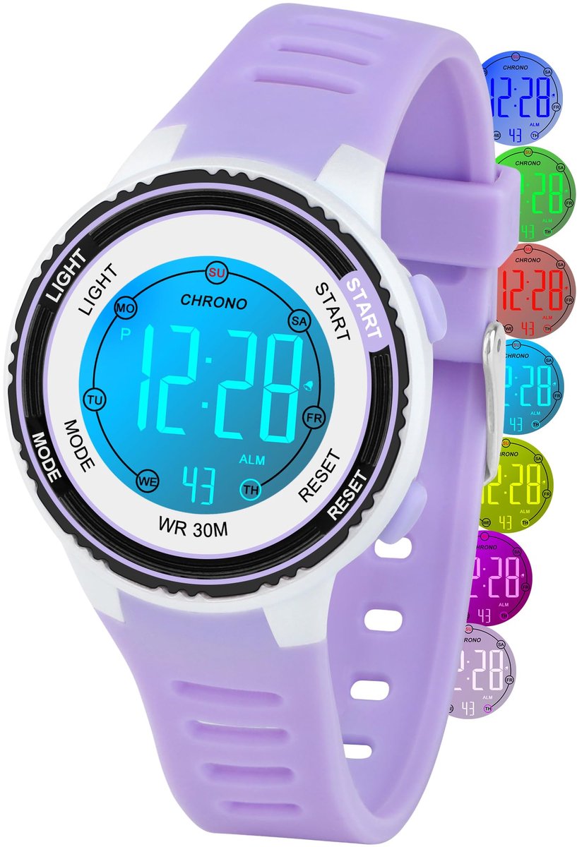 SnelShoppen - DTKID Digitaal Horloge voor Kinderen, Waterdicht Sporthorloge, 7 Kleuren, Timer, Wekker, Kalender, Lichtviolet, Voor Jongens en Meisjes