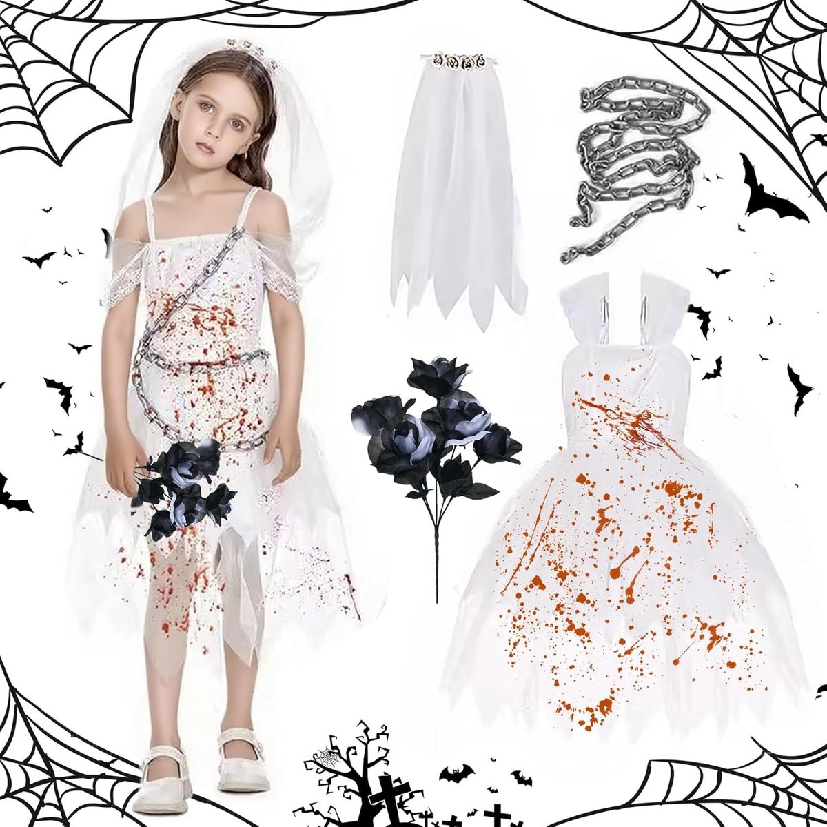 Kinderen Horror Bruid Kostuum - Zombie Bruid Outfit voor Meisjes met Zwart-Witte Rozen Sjaal en Ketting - Spookachtige Bruid voor Carnaval en Cosplay