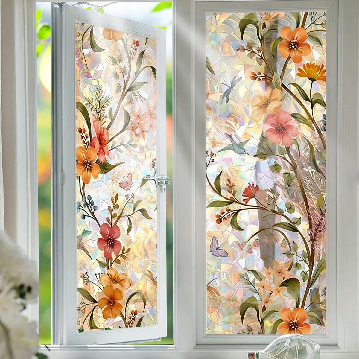 SnelShoppen - 3D Regenboograamfolie Wilde Bloemenpatroon 90x400 cm, Ondoorzichtig, Statisch Hechtend, Herbruikbaar, Anti-UV Zonwering voor Kantoor en