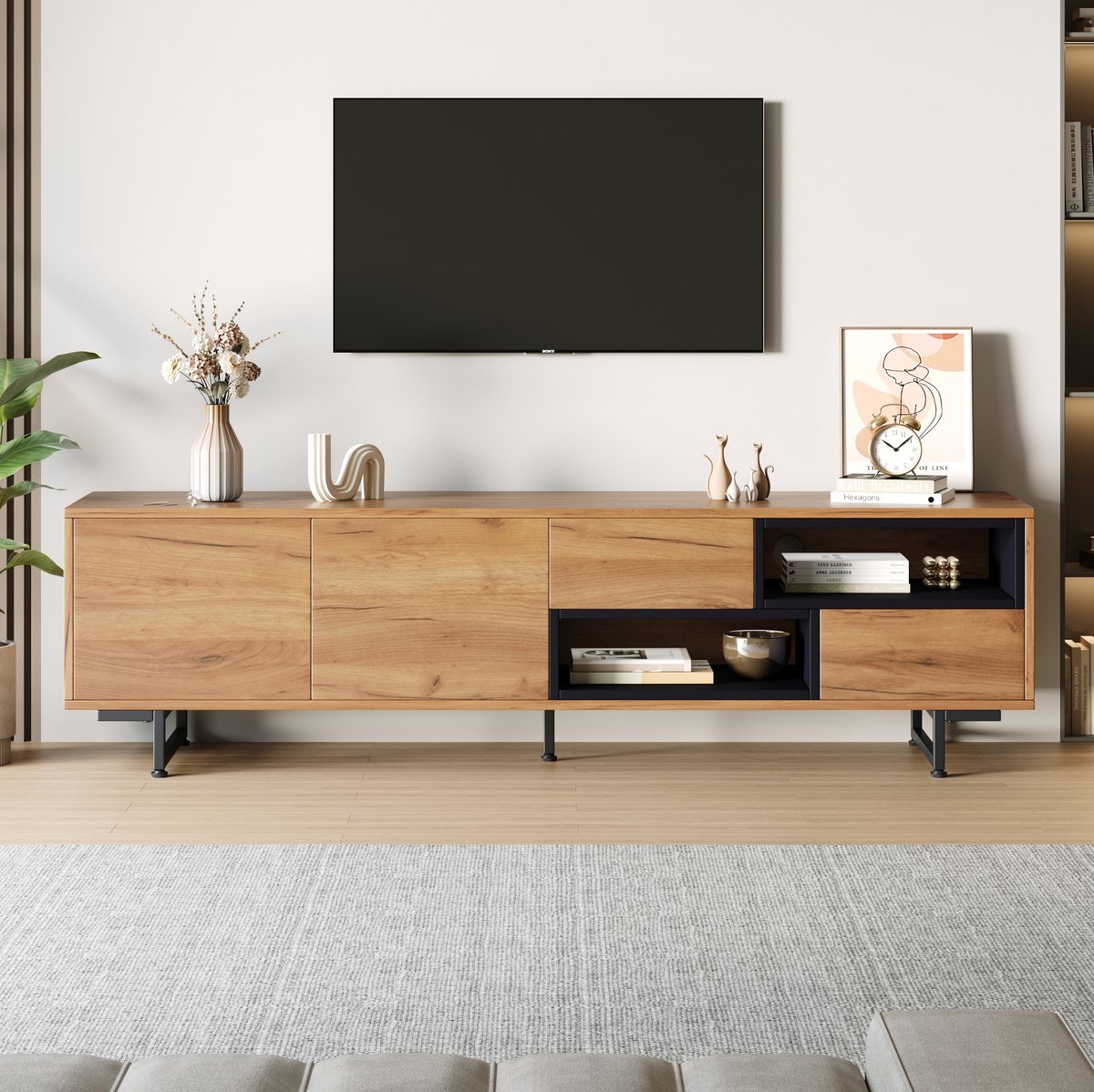 COVREO TV meubel 173x38x48 cm - houtkleur, spaanplaat, 2 deuren, 2 laden en open vakken