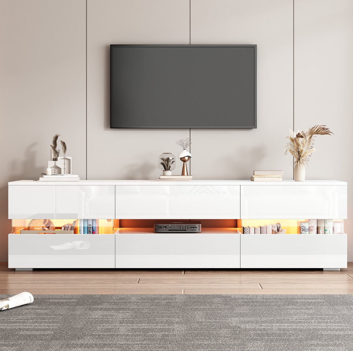 COVREO TV meubel 160x39x45 cm – wit, hoogglans front, 2 deuren, 1 lade en LED-verlichting