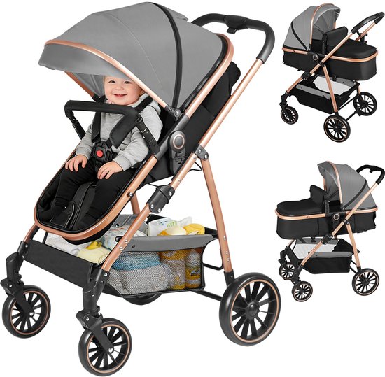 Grijze kinderwagen met rosegouden frame. Baby zit in de stoel. Twee kleinere afbeeldingen tonen de reiswieg- en zitmodus.