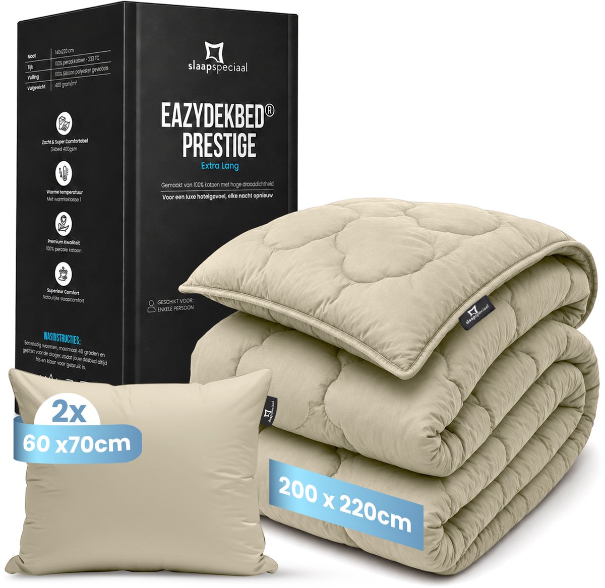 Slaapspeciaal eazydekbed Hotel Prestige - Sand - 200x220 cm - Wasbaar Dekbed zonder Overtrek - 100% Katoen - Warmteklasse 1 - 400 g/m² - Extra Lang - Inclusief Kussenslopen - Tweepersoons Dekbed