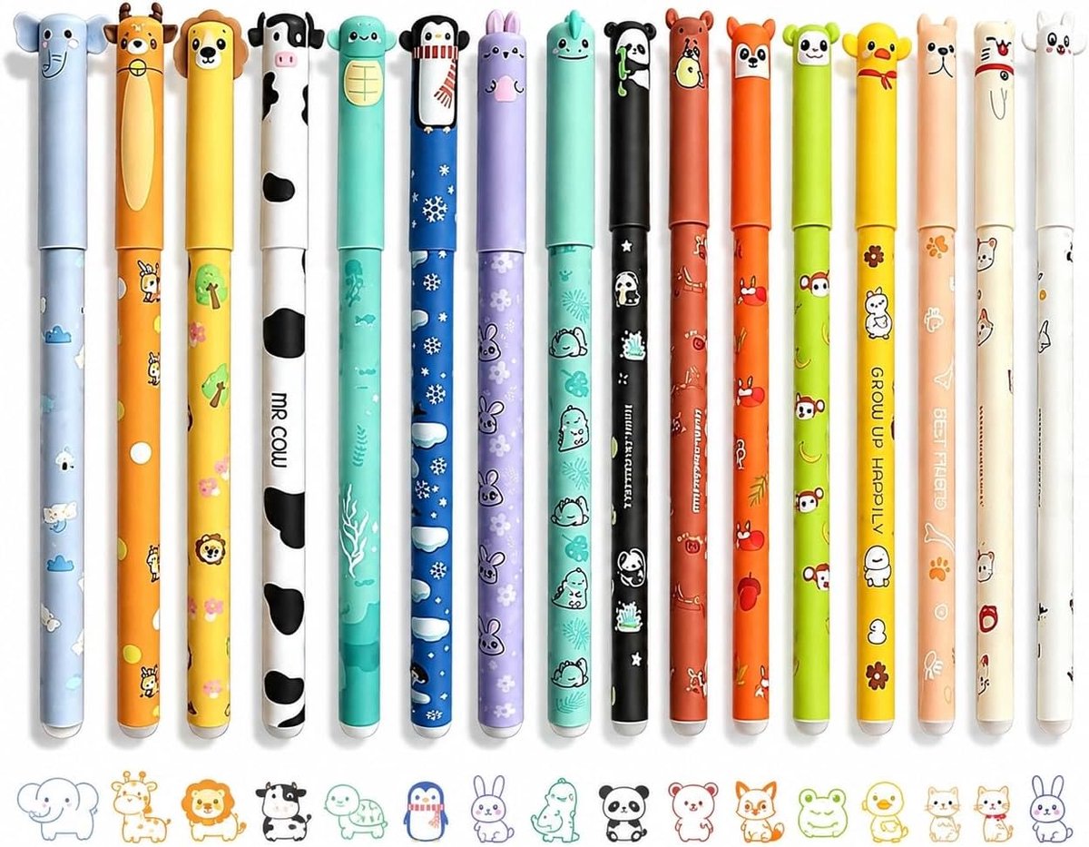 SnelShoppen - Set Van 16 Uitwisbare Gelpennen Met Dierenthema, Thermo-gevoelige Inkt, 0,7 mm Punt, Perfect Voor Kinderen, Creatieve Projecten, School,