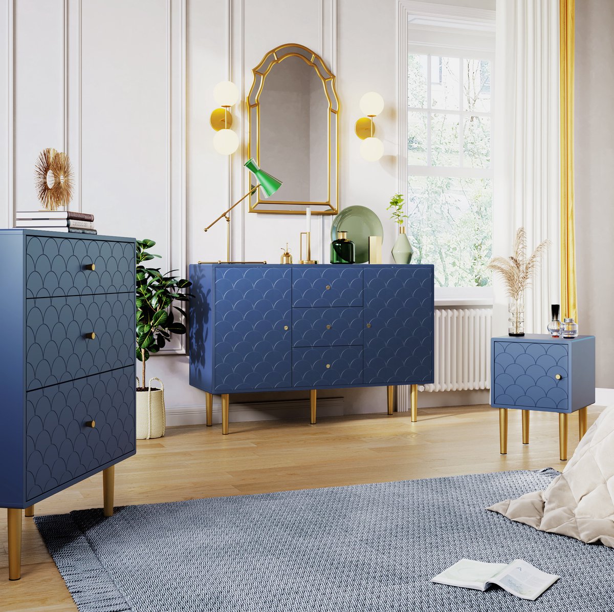 MODENUIT Nachtkastje - Visschubmotief Met Deur - Slaapkamer Of Woonkamer - Hout En Metaal - Marineblauw