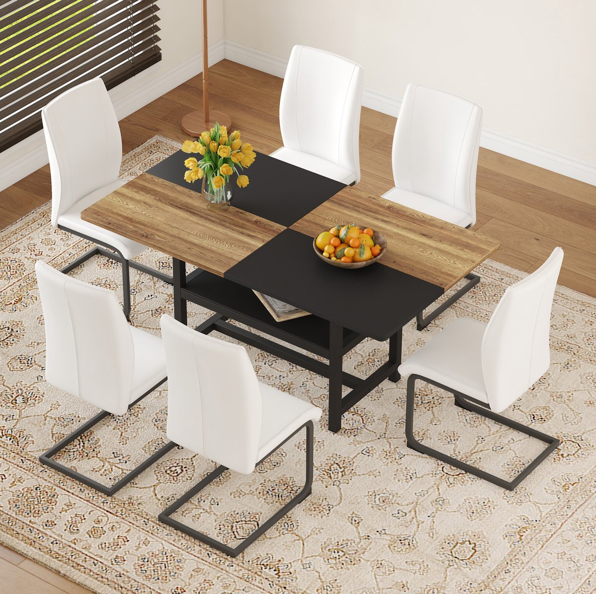 MEUNIQ rechthoekige eettafelset 160 x 90 x 76 cm met opbergrek, 6 witte stoelen, houtlook en metaal voor eetkamer, keuken en woonkamer