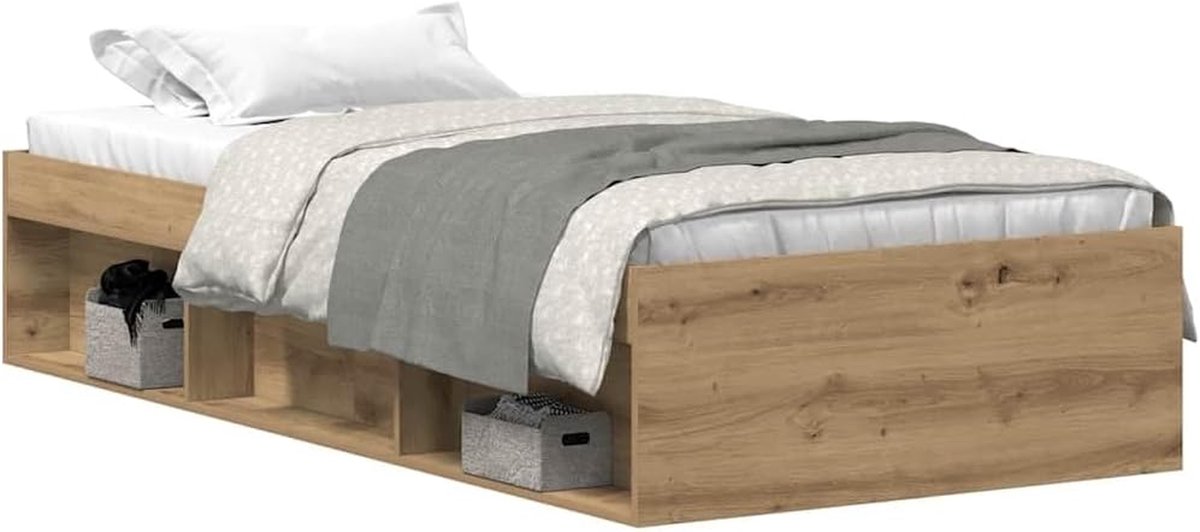 Eenpersoons Bedframe - Logeerbed Hout - Ruimte Besparen - Zes Open Vakken - 75 x 190 cm - Artisan Eiken