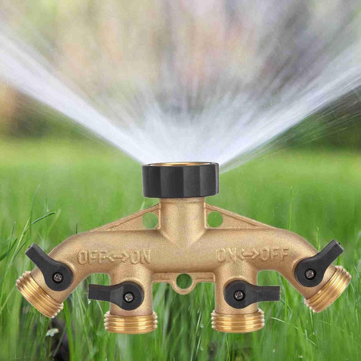 Tuinslang Splitter - 4-weg Waterverdeler - Messing - Gouden en Zwart - Tuinirrigatie - Geschikt voor tuin en huis - 16 x 8 cm
