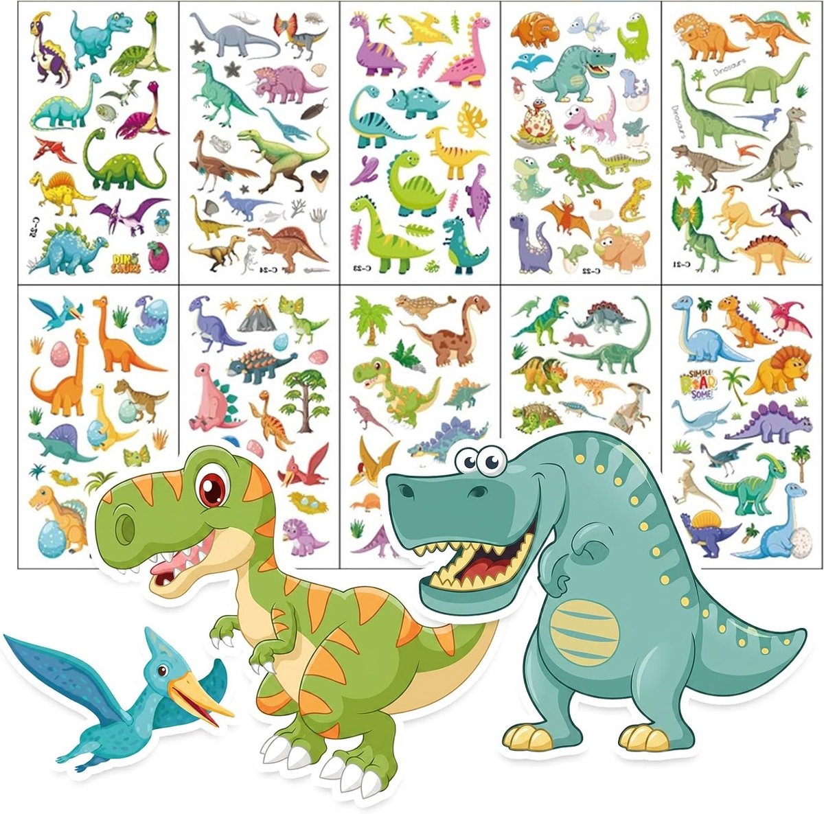 Tijdelijke dinosaurus tatoeages, 10 vellen met tyrannosaurus en triceratops, perfect voor waterflessen, laptops en als dinoparty cadeautje