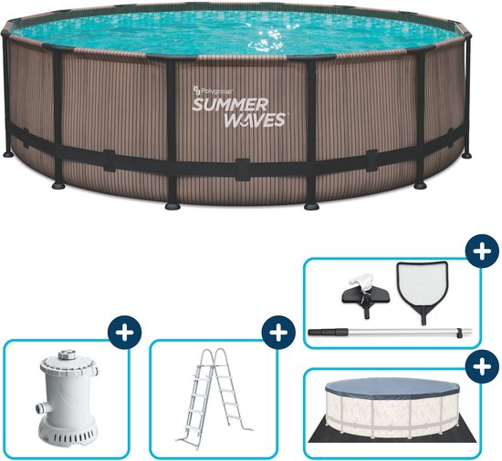 Rond Summer Waves frame zwembad met diverse accessoires: filterpomp, ladder, schepnet, afdekzeil en grondzeil.