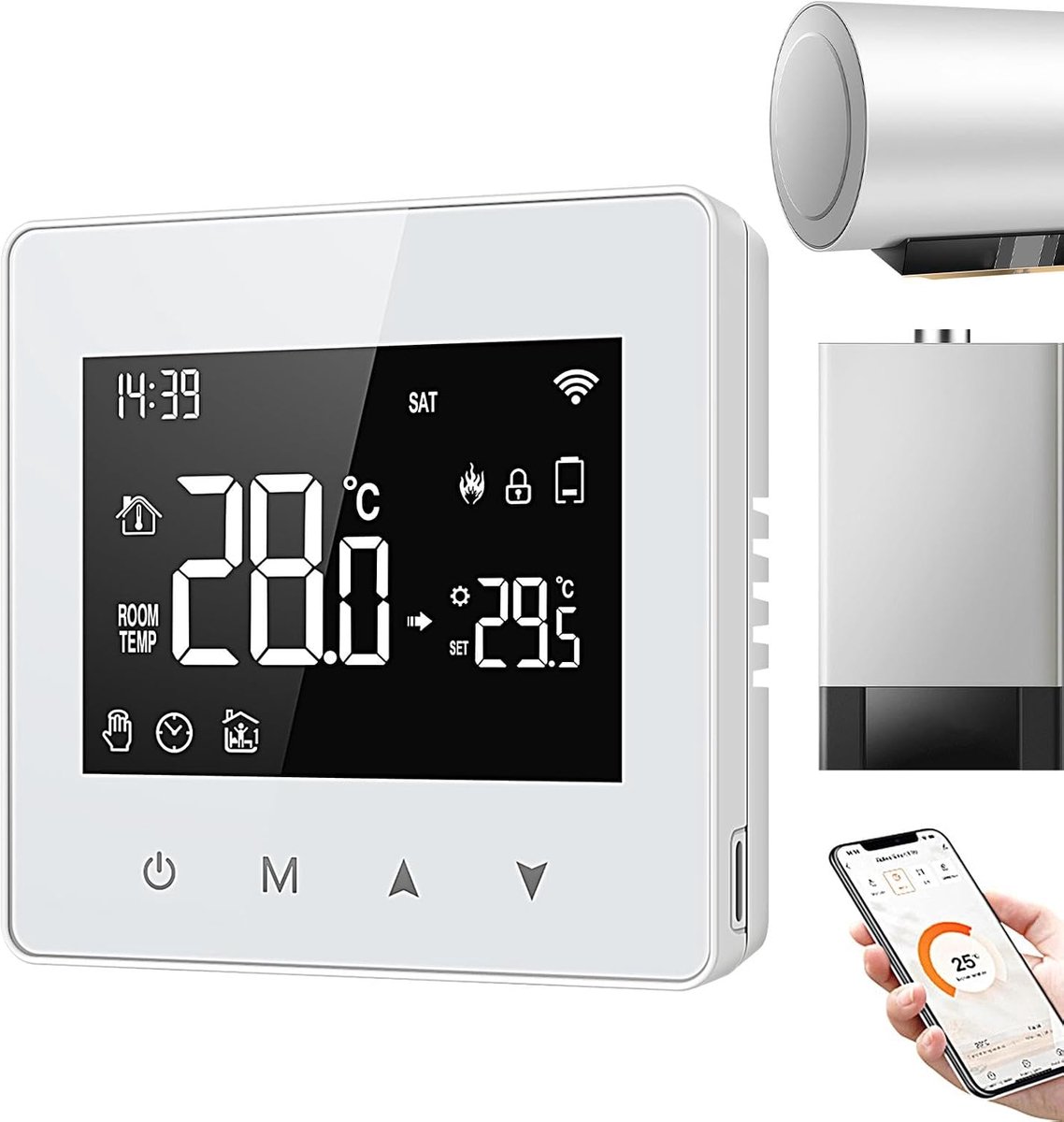 Intelligente Thermostaat - Programmeerbaar Klimaat - Energie Besparen - App Bediening - 8.6 x 8.6 cm - Wit