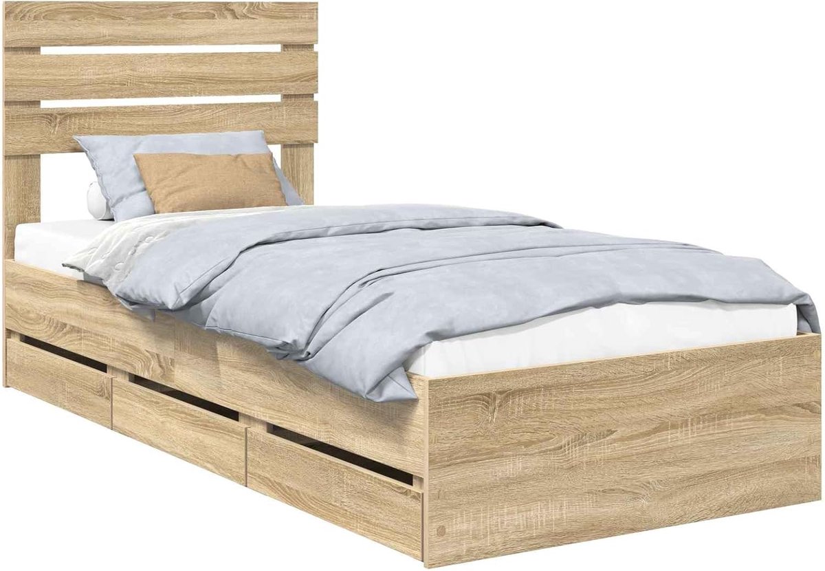 Eenpersoonsbed met laden - Houten bedframe - Opruimen slaapkamer - Geïntegreerde opbergruimte - 100x200 cm - Sonoma eiken look