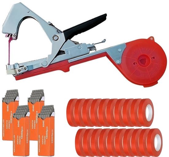 Rode bindtape, nietjes en een tapijten met oranje en rode accenten.