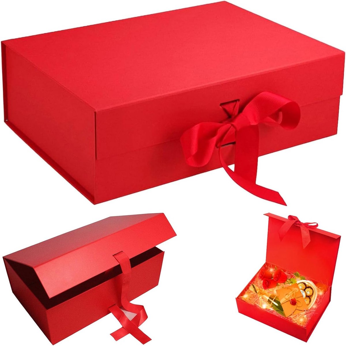 Luxe Geschenkdoos met Deksel en Strik, 21 x 17 x 7 cm, Perfect voor Verjaardagen, Bruiloften en Feestdagen, Rood