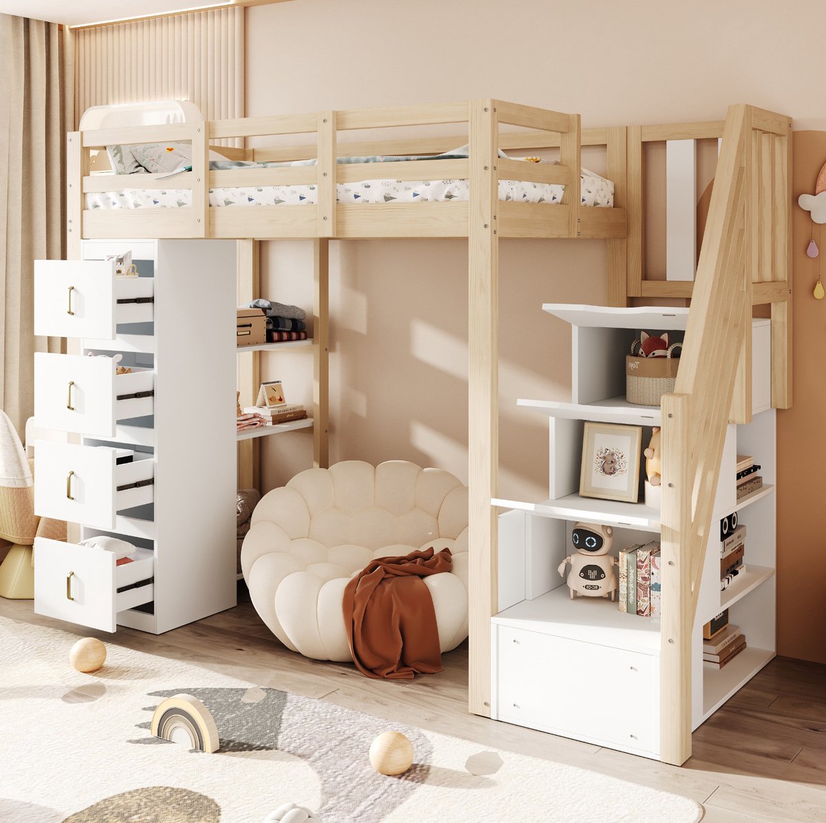 MEUNIQ Hoogslaper 90 x 200 cm met 4 opberglades, 3-laags plank, veiligheidsladder en uitvalbeveiliging voor kinderkamer, naturel houtkleur Natural Wood