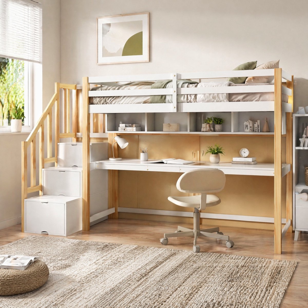 MEUNIQ Kinderhoogslaper 90x200 cm met bureau, opbergruimte en trap aan korte zijde, wit en eiken voor kinderkamer