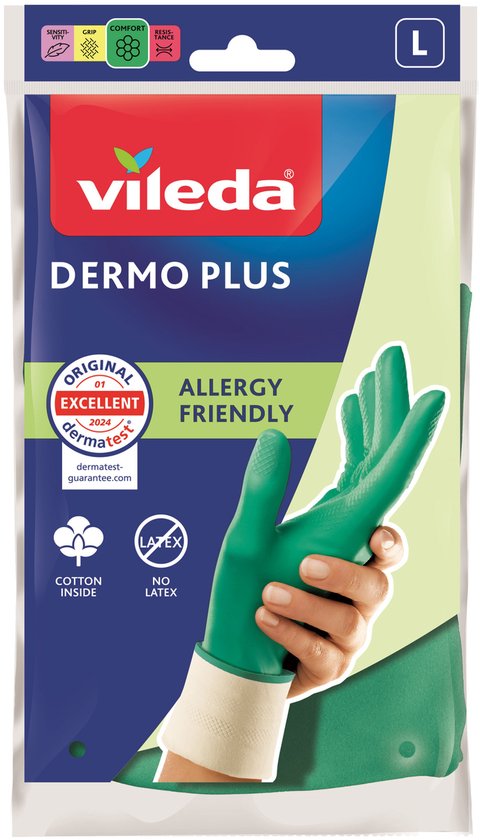 Vileda Dermo Plus huishoudhandschoenen, maat L, allergievriendelijk, groen met beige manchet, latexvrij.