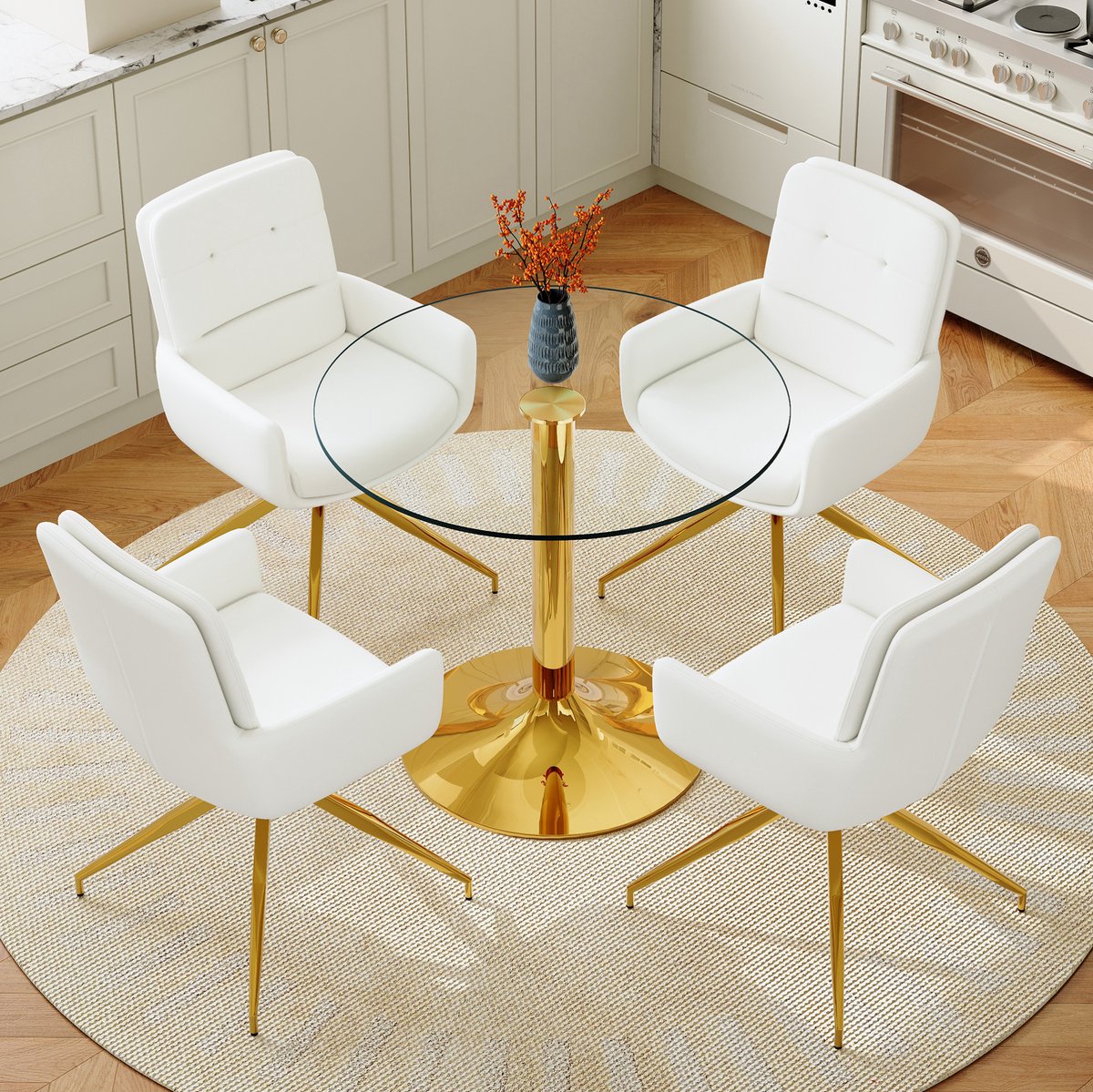 Set Tafel En Stoelen - Ronde Eettafel Met 4 Draaibare Stoelen - Voor Eethoek En Woonruimte
