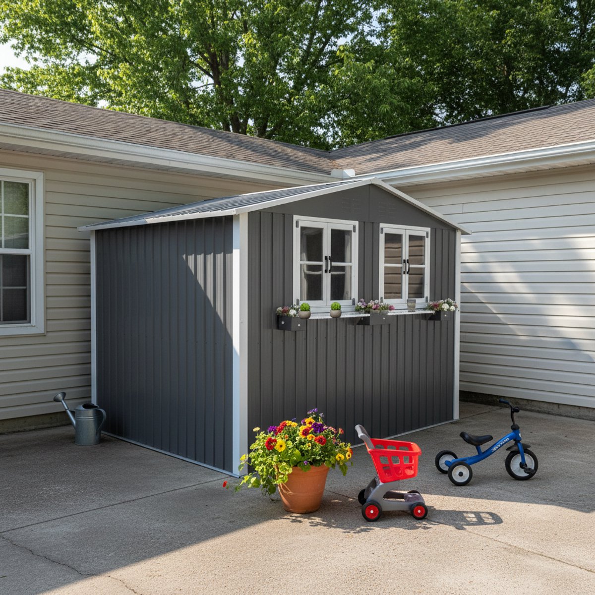 Multifunctionele tuinhuis - Metaal Gereedschapsschuur - Tuinhuis met Schuin Dak - 275 x 181 x 198 cm - Outdoor Tuinopslag - Weerbestendig - Met twee ramen - Voor Achtertuin, Terras en Grasveld - Grijs