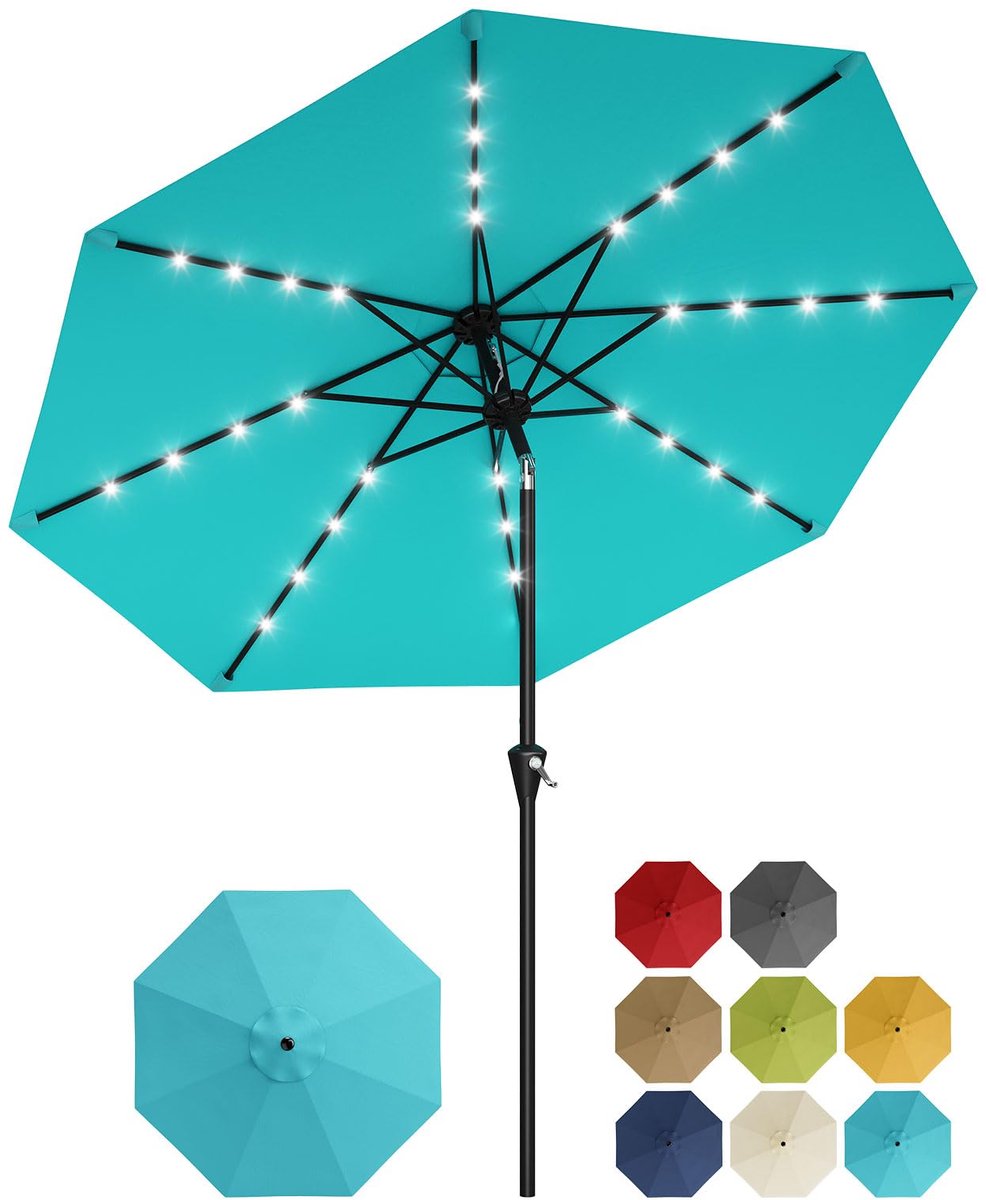 Parasol met Solar LED Verlichting - 300x300x240cm - Tuinparasol UV-bestendig met 8 Ribben en Kantelfunctie - Eenvoudig met Draaiknop - Zonder Voet - Voor Tuin Zwembad of Terras - Lichtblauw