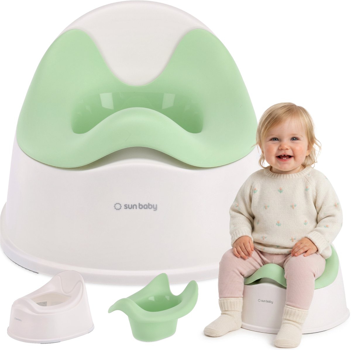 SUN BABY Kinderpotje met Uitneembare Binnenpot - Antislip Potje voor Peuters 18-36 Maanden - Ergonomische Rugleuning - Wit/Groen