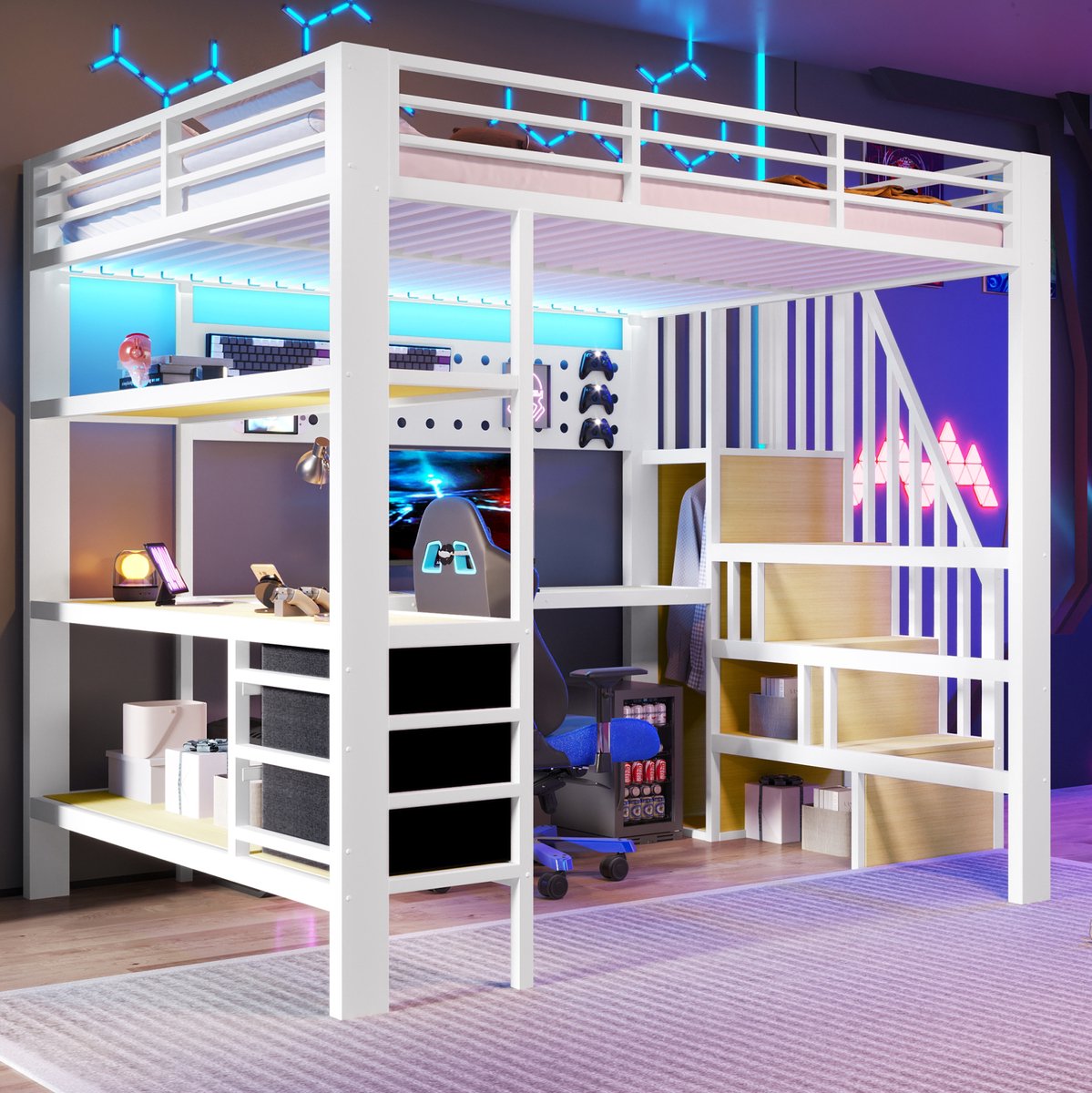 MEUNIQ Hoogslaper 140 x 200 cm met bureau, 3 lades, open opbergruimte, wandpaneel, LED-licht en stopcontact, wit, voor slaapkamer of kinderkamer