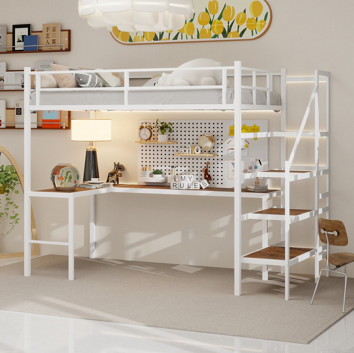 MEUNIQ Hoogslaper 90x190 cm met L-vormig bureau, trap met opbergruimte, veiligheidshek, planken en opbergruimte voor kinderkamer, wit metaal
