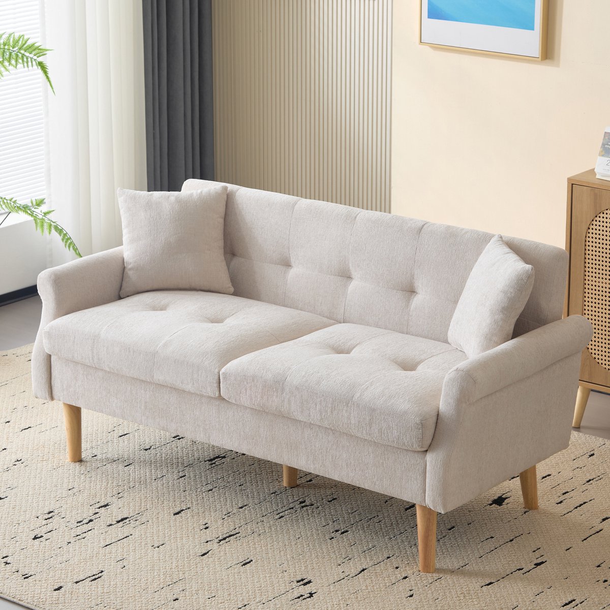 DESMIU Zitbank 162 Cm - 2-Zits Sofa Met Dik Zitkussen En Hoge Houten Poten - Voor Woonkamer En Appartement - Chenille Beige
