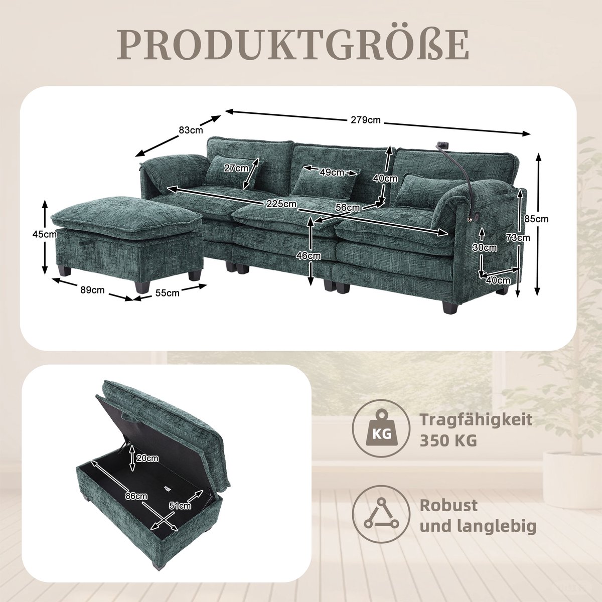 DESMIU Sofa 279 x 83 x 85 cm - 2-Zits Met Opberghocker, Usb-Aansluiting En Telefoonhouder - Voor Woonkamer En Thuiskantoor - Chenille Smaragd