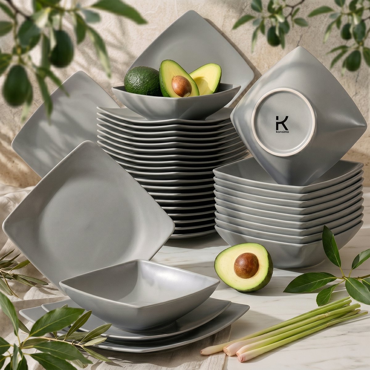 KONSIMO® EPIRI - Serviesset - 36 delig - 12 persoons - Keramiek - Geproduceerd in Europa - Grijs - Dessertbord, Diepbord, Dinerbord