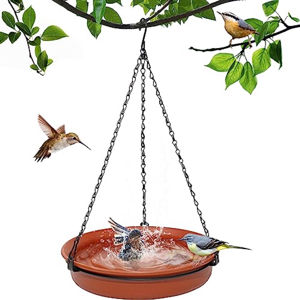 Hangende Vogelvoederbak en Vogelbad 28 cm - Vogelvoederhuisje - Vogelvoederstation voor Wilde Vogels - Inclusief Ketting en S-Haak - Bruin