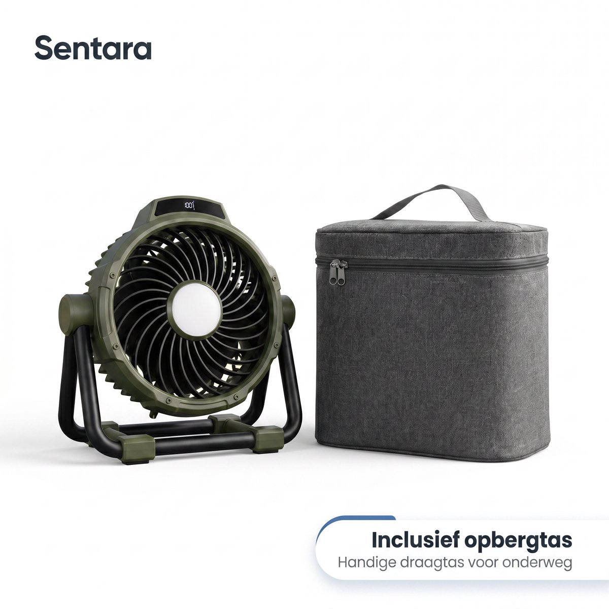 Sentara Campingventilator Oplaadbaar 10000mAh – Lichtgewicht Draagbare Buitenventilator met LED-nachtlamp, Powerbank-functie, Timer & Opbergtas – Ophangbaar of Staand – 5 Standen – Legergroen