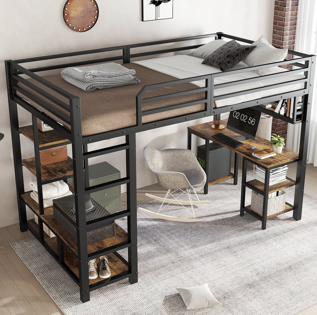 MEUNIQ hoogslaper met bureau en opbergrek 120x200 cm, metalen bedframe met lattenbodem, 4-traps ladder, zwart en donker walnoot, kinderkamer Zwart + donker walnoot