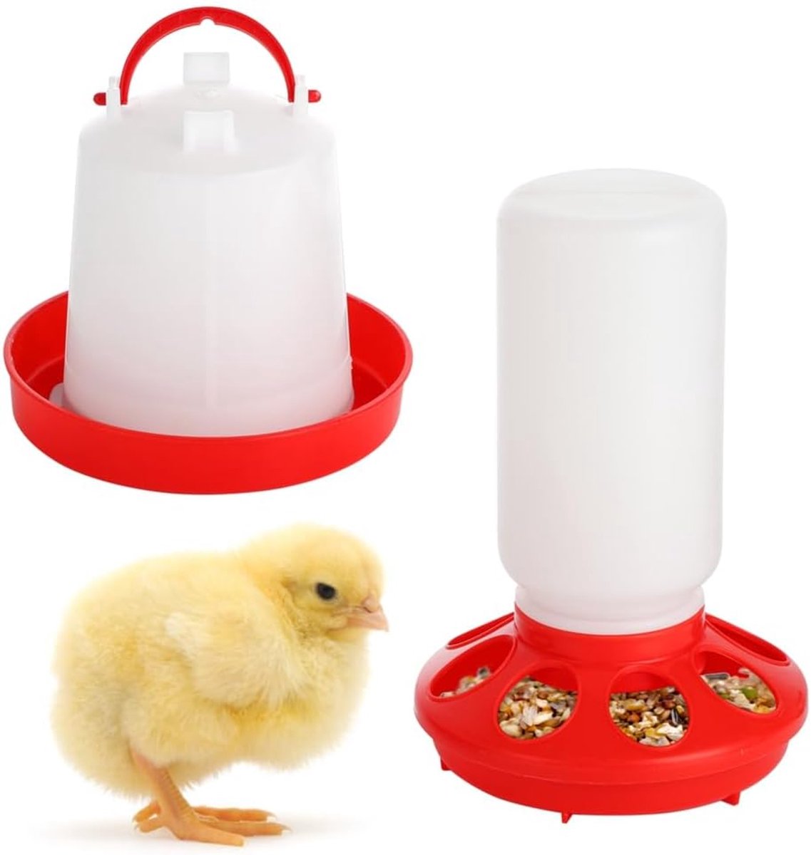Voeder en waterbak - Voor pluimvee - Gemakkelijk voeren - Automatische ophangset - 1 liter 2 liter - Wit rood