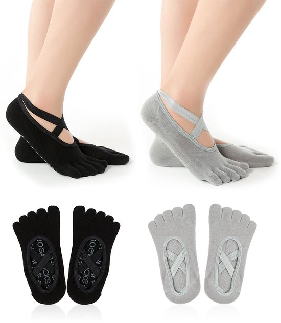 aladdien - Yogasokken voor Vrouwen - Antislip 5 Teensokken - Ideaal voor Pilates en Barre - Zwart en Grijs - Comfortabel en Ademend - UK 4-6 van Aladdien — afbeelding 3